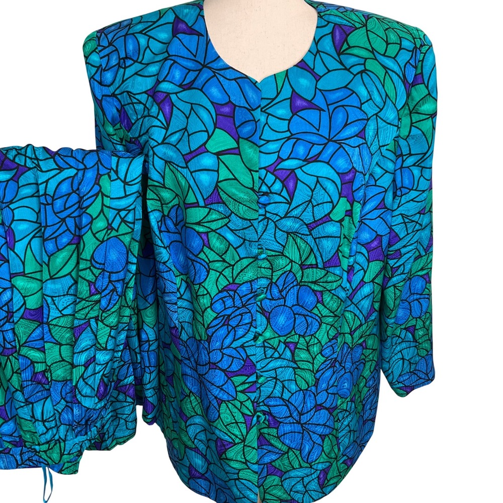 Adrianna Papell Skirt Set Womens 14 Floral‎ Blue Stained Glass  Vibrant Silk VTG
